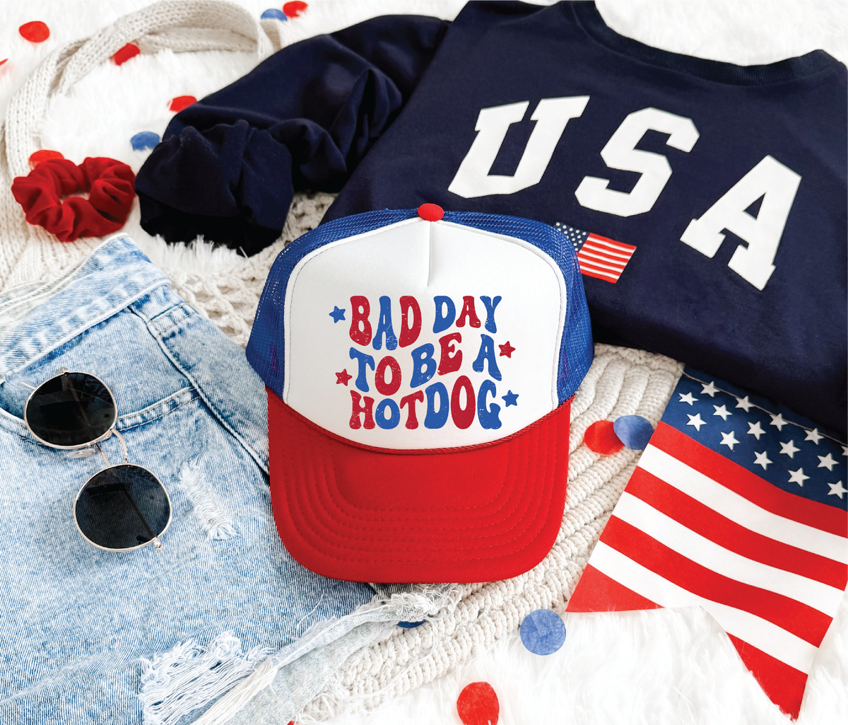 Bad Day to be a Hotdog DTF Printed Red White And Blue Trucker Hat