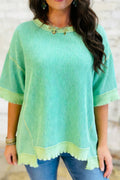 66 Sweetheart Hot Pink Lucky Distressed Knit Top (S-XL): Short Sleeve-Green / S