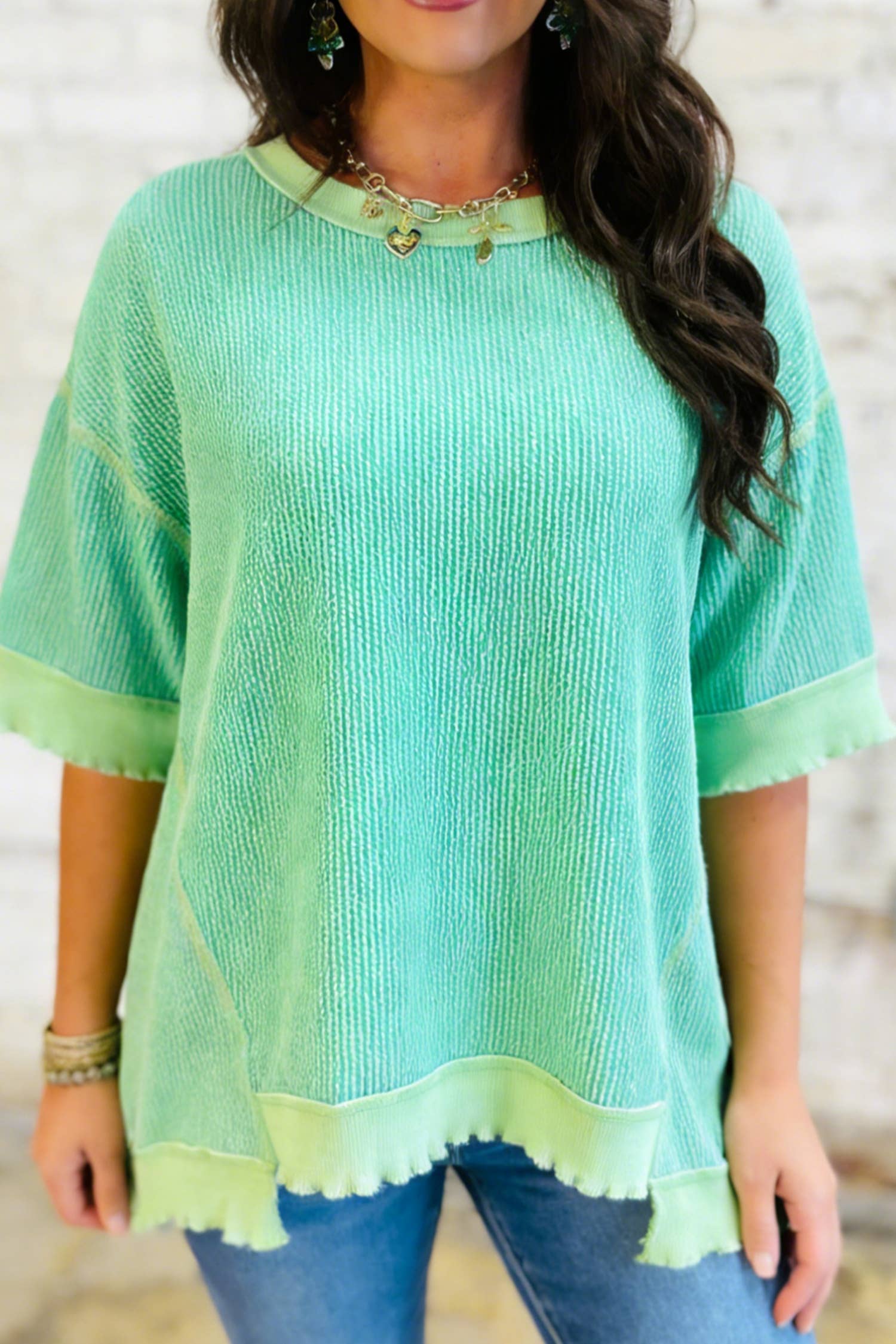 66 Sweetheart Hot Pink Lucky Distressed Knit Top (S-XL): Short Sleeve-Green / S
