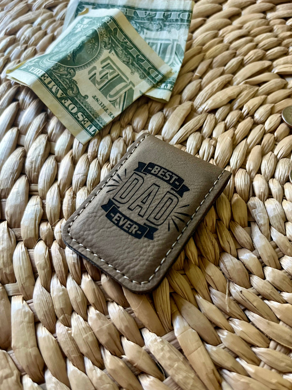 Men's Gift Father's day Gift Leatherette Money Clip: Gray w/ Black Text