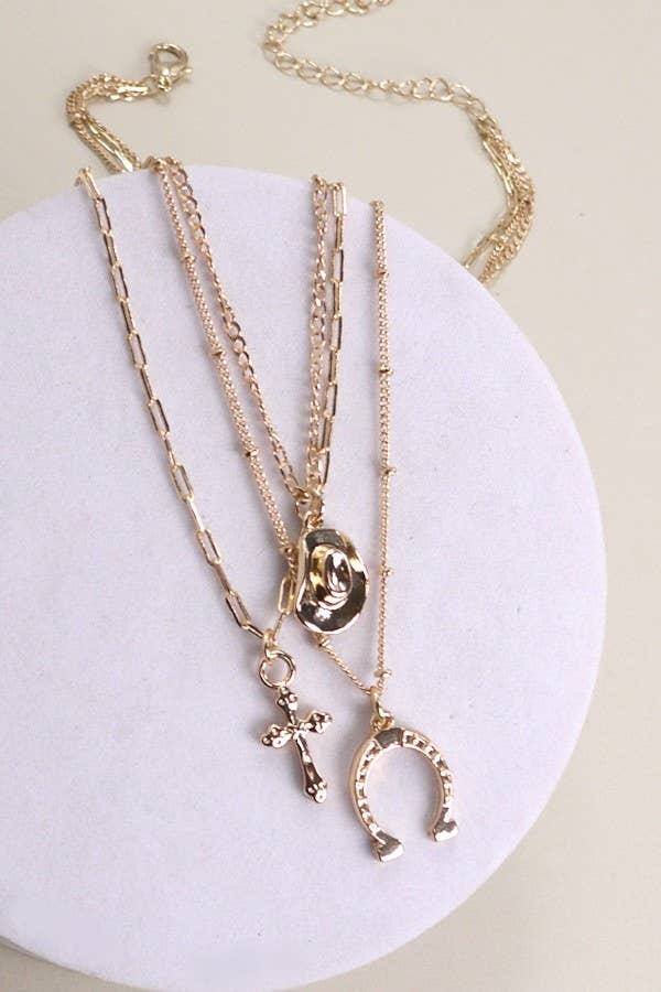 TRIO LAYER HORSESHOE HAT CROSS CHARM NECKLACE | 80N436: Gold
