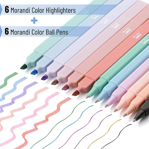 Aesthetic Highlighters & Ballpoint Pens, 12 Pack: Morandi (Colored Ink Pens)