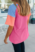 66 Color Block V Neck Ribbed Knit Short Sleeve Top (S-XL): Blue / XL
