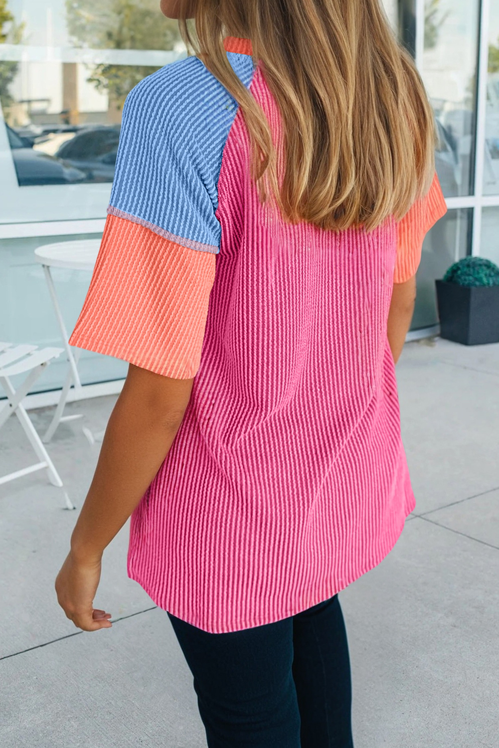 66 Color Block V Neck Ribbed Knit Short Sleeve Top (S-XL): Blue / S