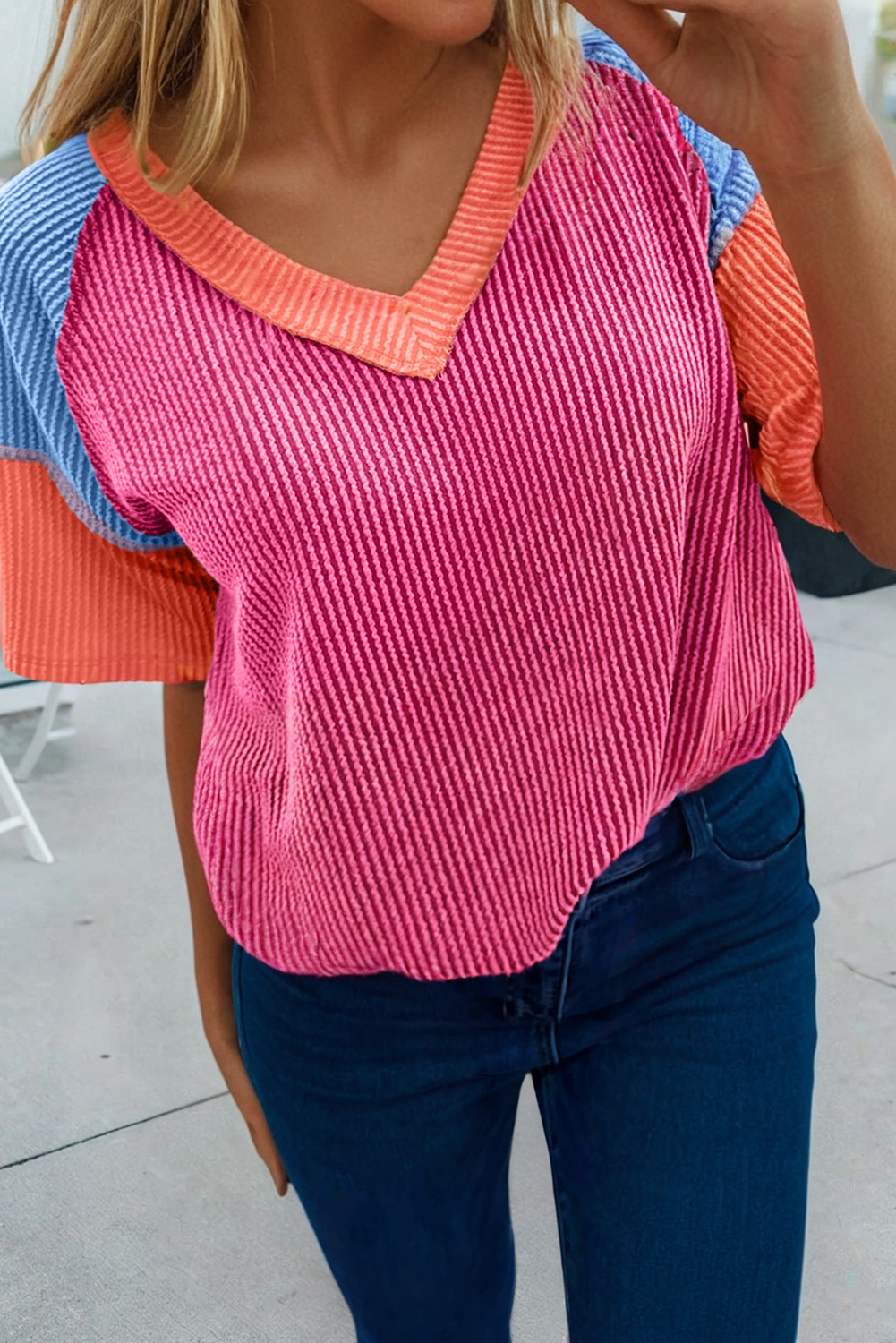 66 Color Block V Neck Ribbed Knit Short Sleeve Top (S-XL): Blue / S