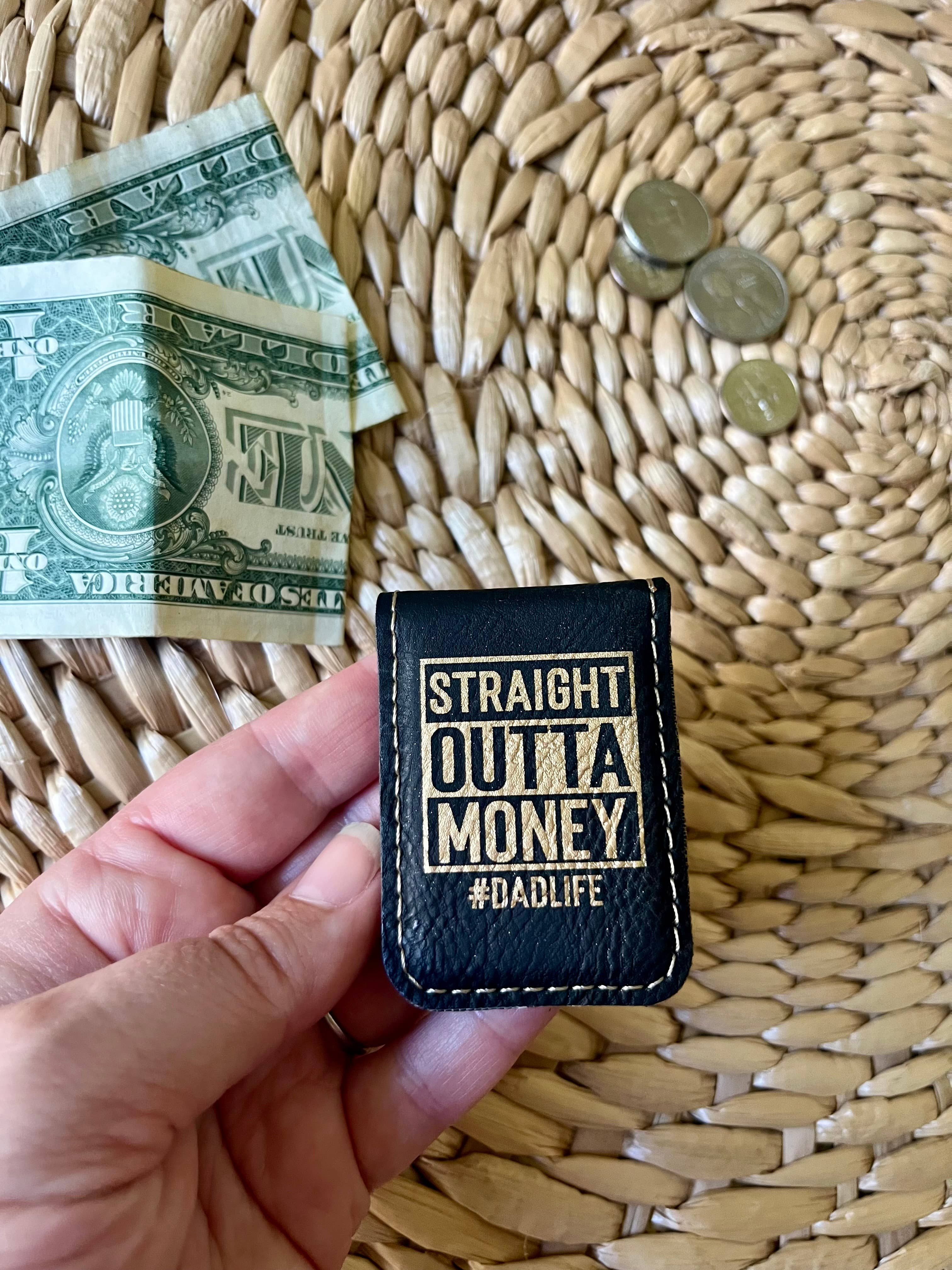 Men's Gift Father's day Gift Leatherette Money Clip: Brown w/ Black Text
