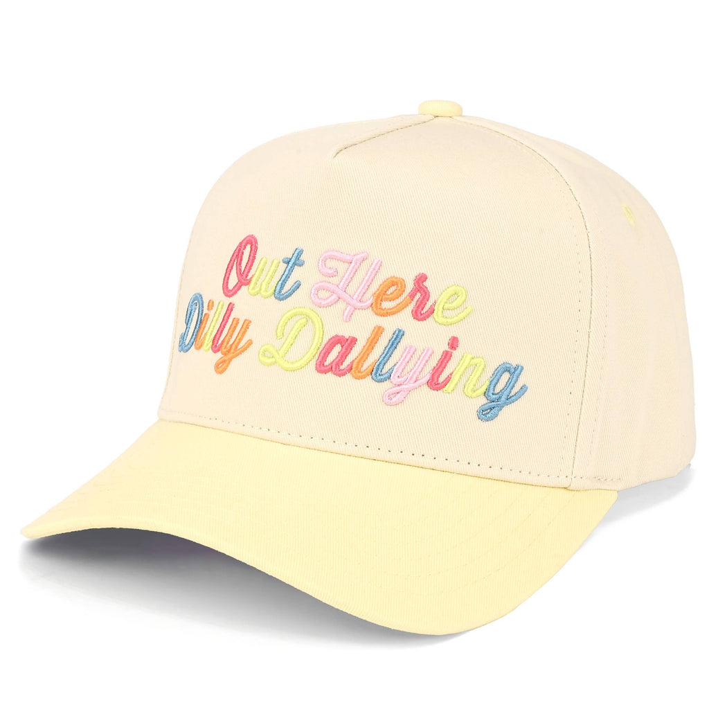 C.C OUT HERE DILLY DALLYING Letter on Two Tone Trucker Hat: Butter Yellow