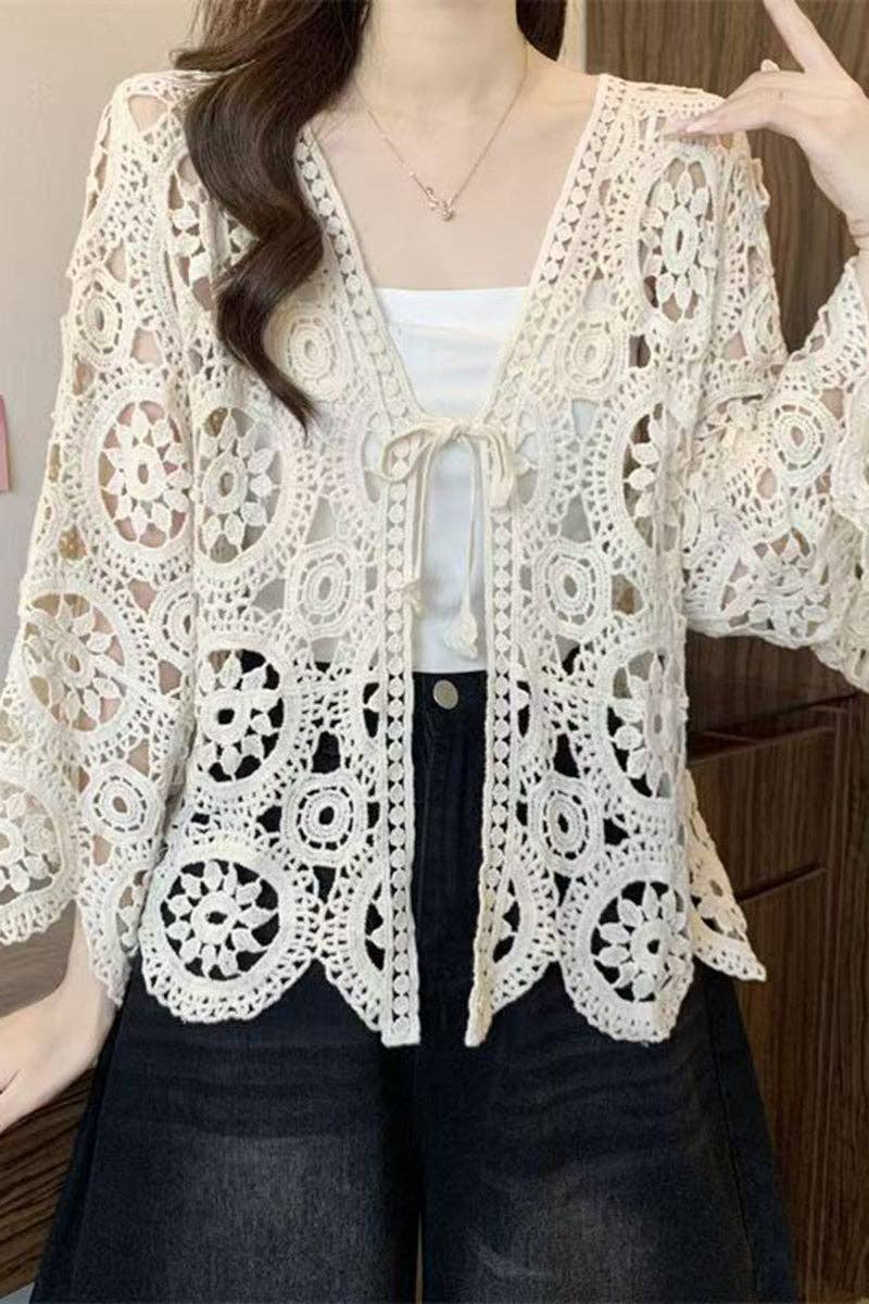 Crochet Open-Front Cardigan: BEIGE / One Size