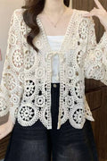 Crochet Open-Front Cardigan: BEIGE / One Size