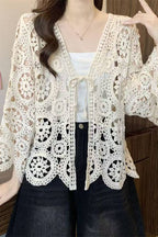 Crochet Open-Front Cardigan: BEIGE / One Size