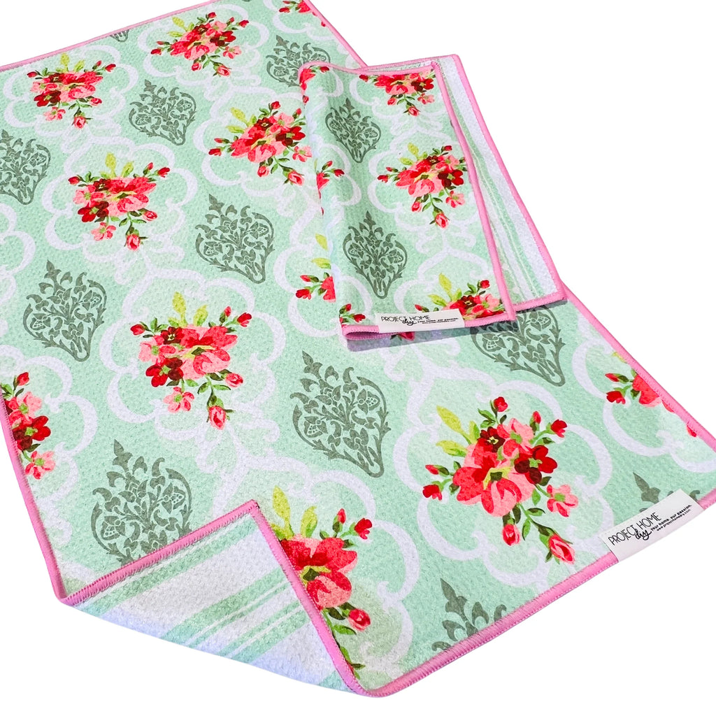 Mint Stripe/Vintage Floral |  Waffle Weave Microfiber Towels Kitchen & Bath:  Dish/Hand Towel