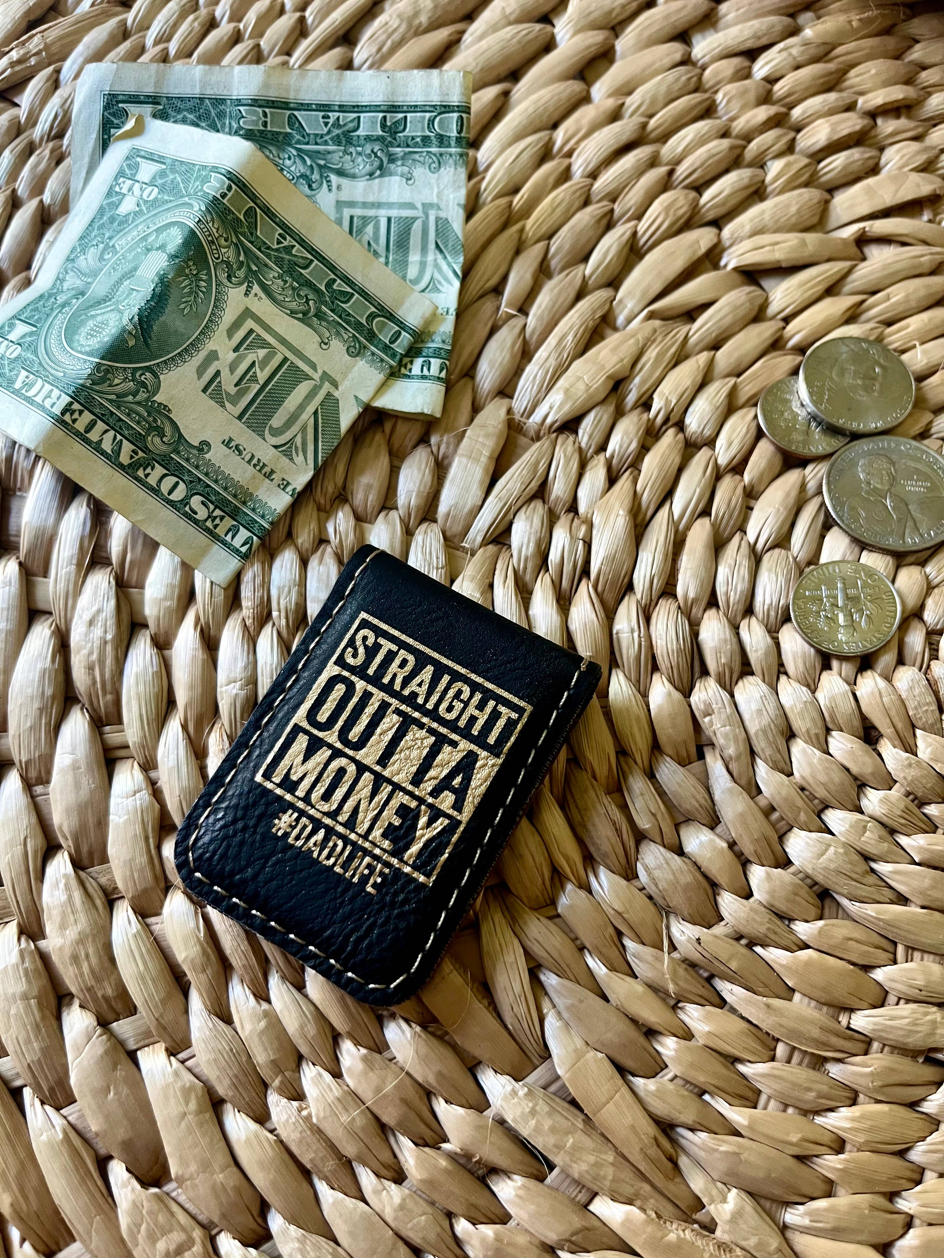 Men's Gift Father's day Gift Leatherette Money Clip: Brown w/ Black Text