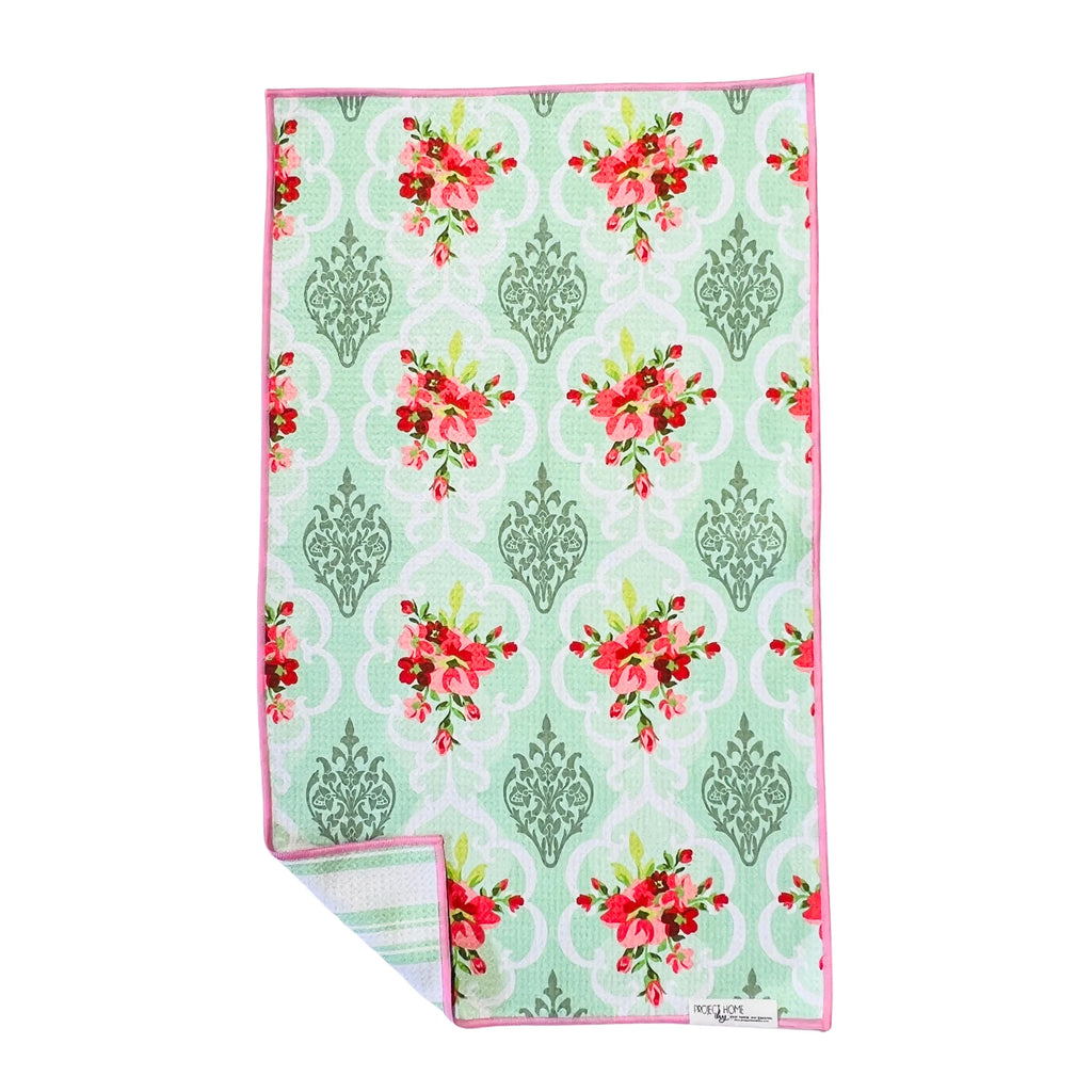 Mint Stripe/Vintage Floral |  Waffle Weave Microfiber Towels Kitchen & Bath:  Dish/Hand Towel