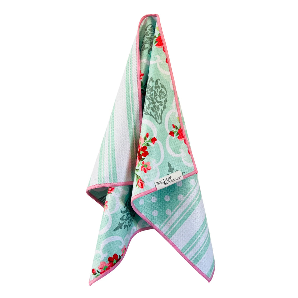 Mint Stripe/Vintage Floral |  Waffle Weave Microfiber Towels Kitchen & Bath:  Dish/Hand Towel