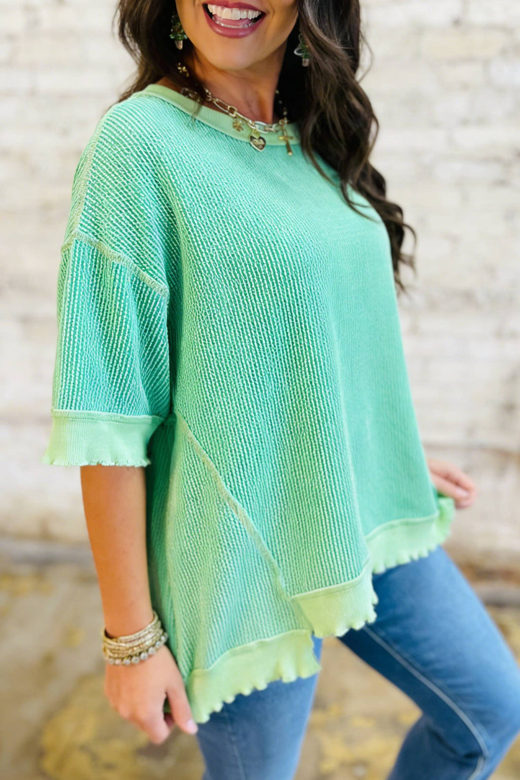 66 Sweetheart Hot Pink Lucky Distressed Knit Top (S-XL): Short Sleeve-Green / L