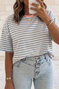 Contrast Crew Neck Drop Shoulder Loose T Shirt | S-4X: Sky Blue Stripe / Plus-2X