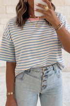 Contrast Crew Neck Drop Shoulder Loose T Shirt | S-4X: Sky Blue Stripe / L