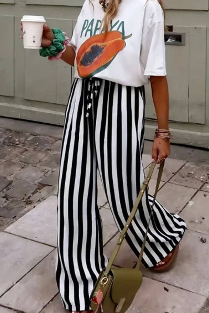 Black Striped Wide-Leg Casual Pants