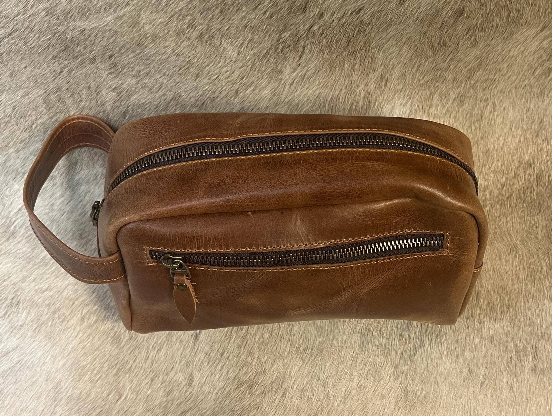 Premium Leather Men's Toiletry Dopp Kit Travel Bag