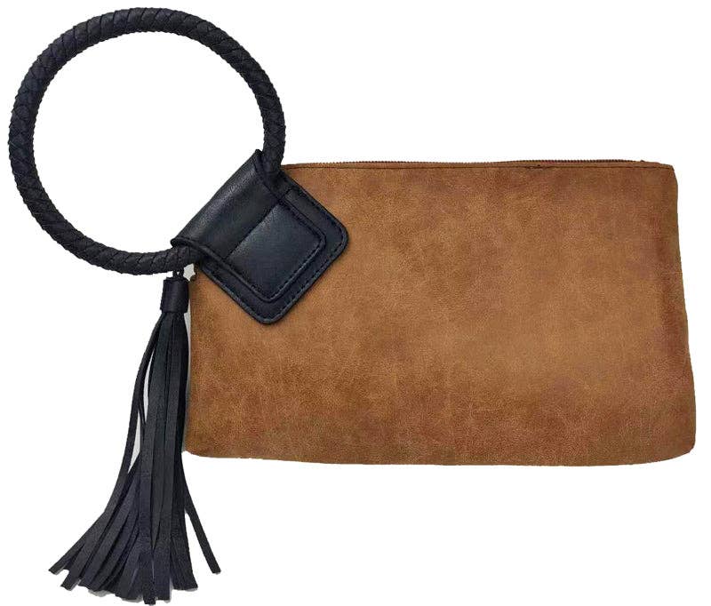 BP204 Fashion Cuff Handle Tassel Wristlet Clutch: Tan