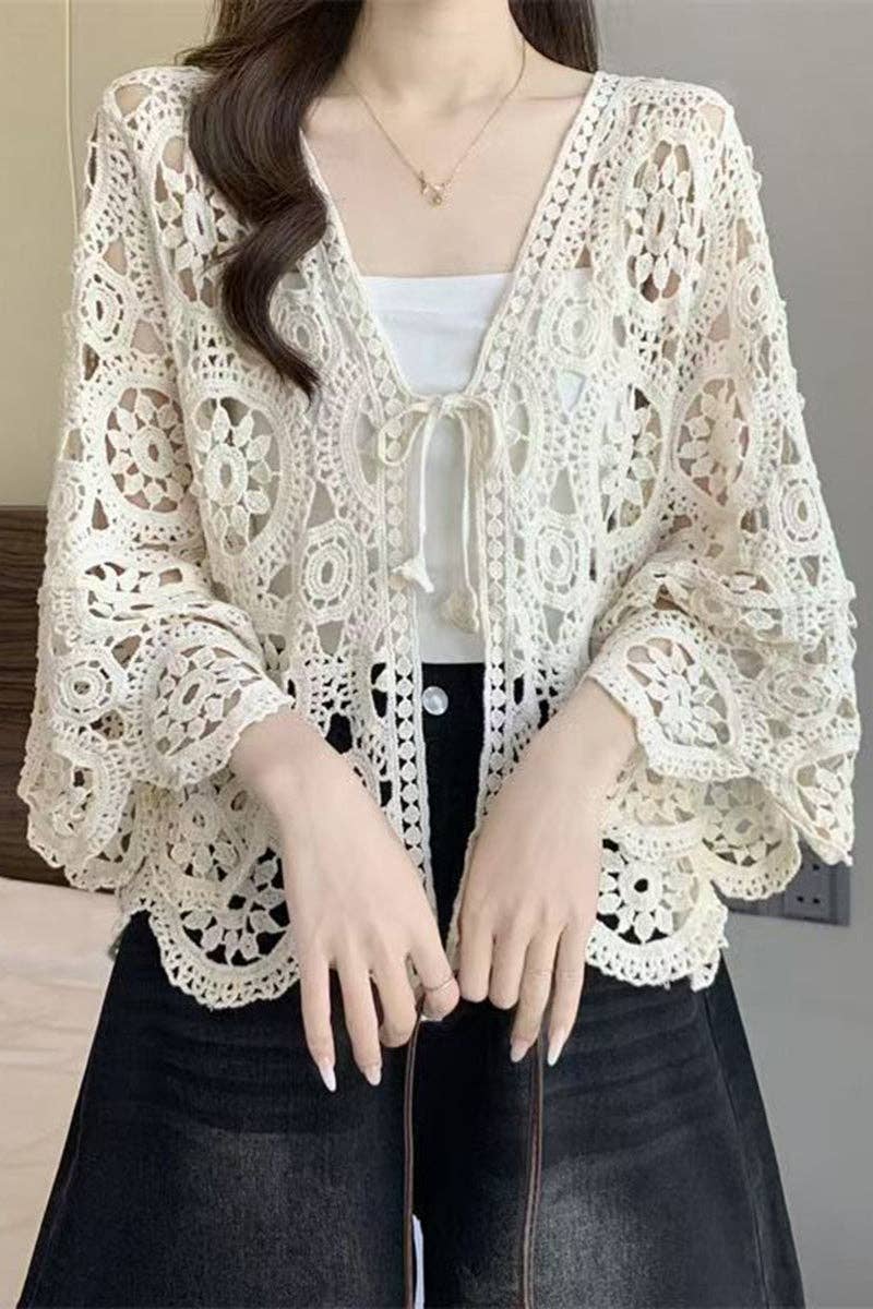 Crochet Open-Front Cardigan: BEIGE / One Size
