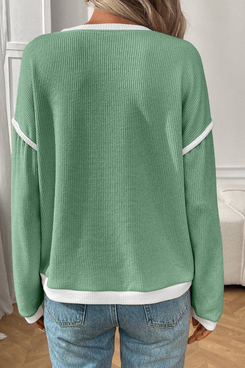 Green Colorblock Crewneck Knit Look Long Sleeve Pullover Top