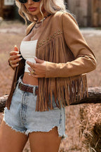 Brown Fringe Studded Sleeveless Open Jacket
