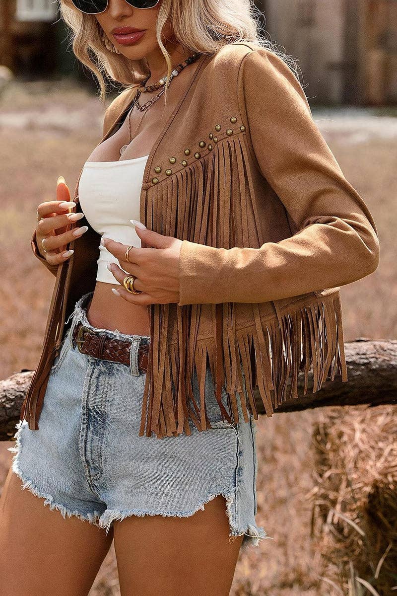 Brown Fringe Studded Sleeveless Open Jacket