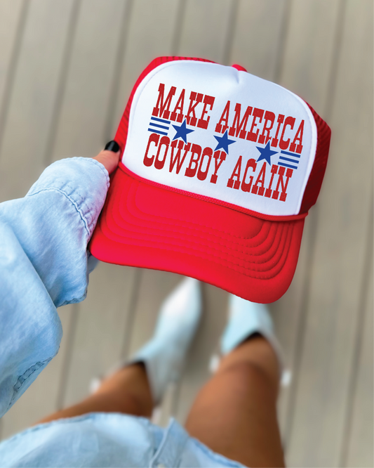 Make America Cowboy Again DTF Printed Red and White Trucker Hat