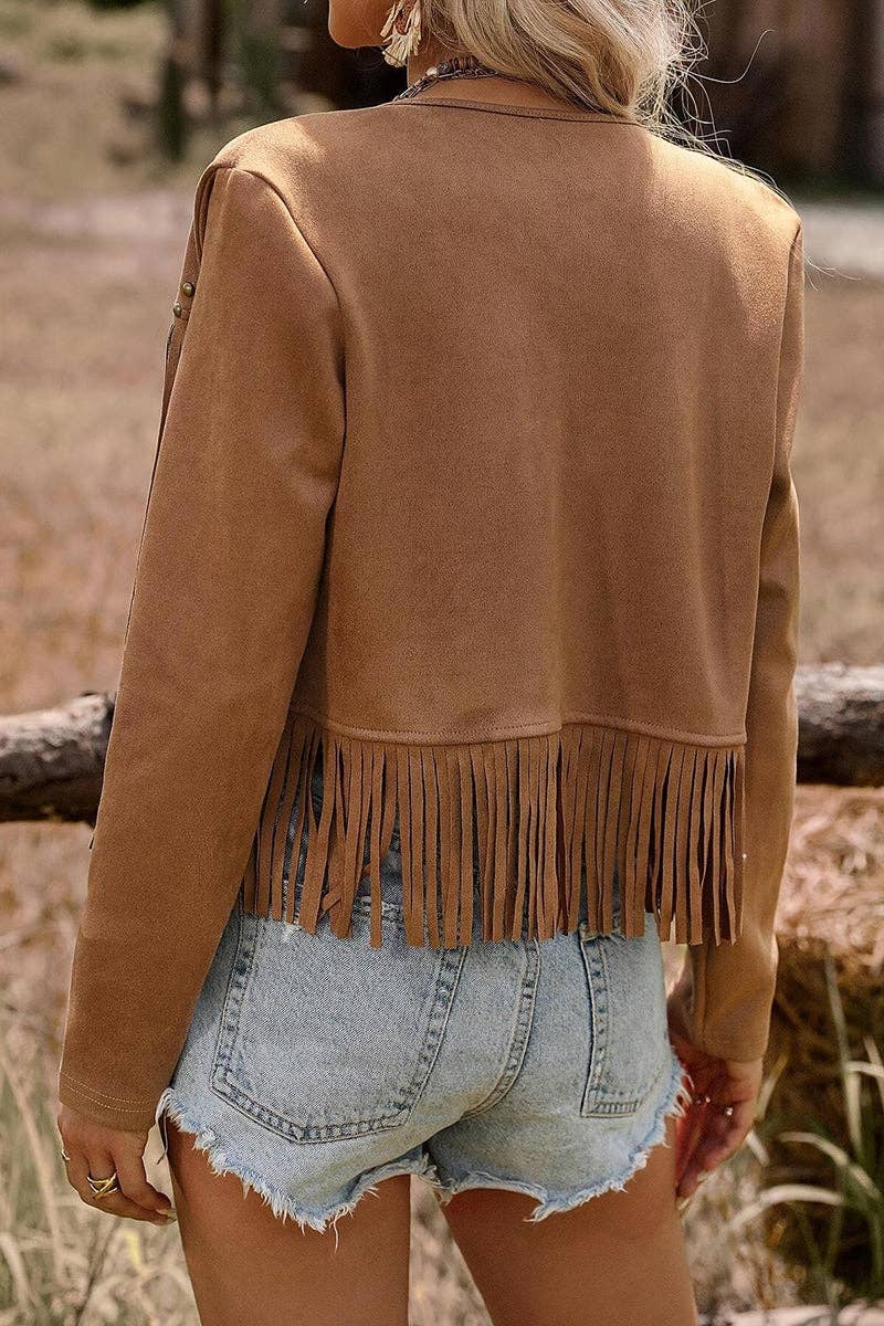 Brown Fringe Studded Sleeveless Open Jacket