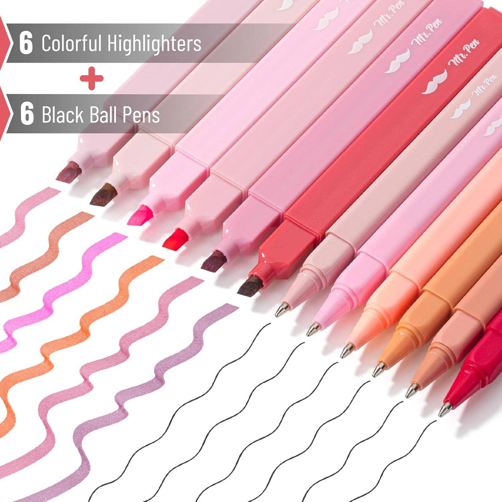 Aesthetic Highlighters & Ballpoint Pens, 12 Pack: Assorted
