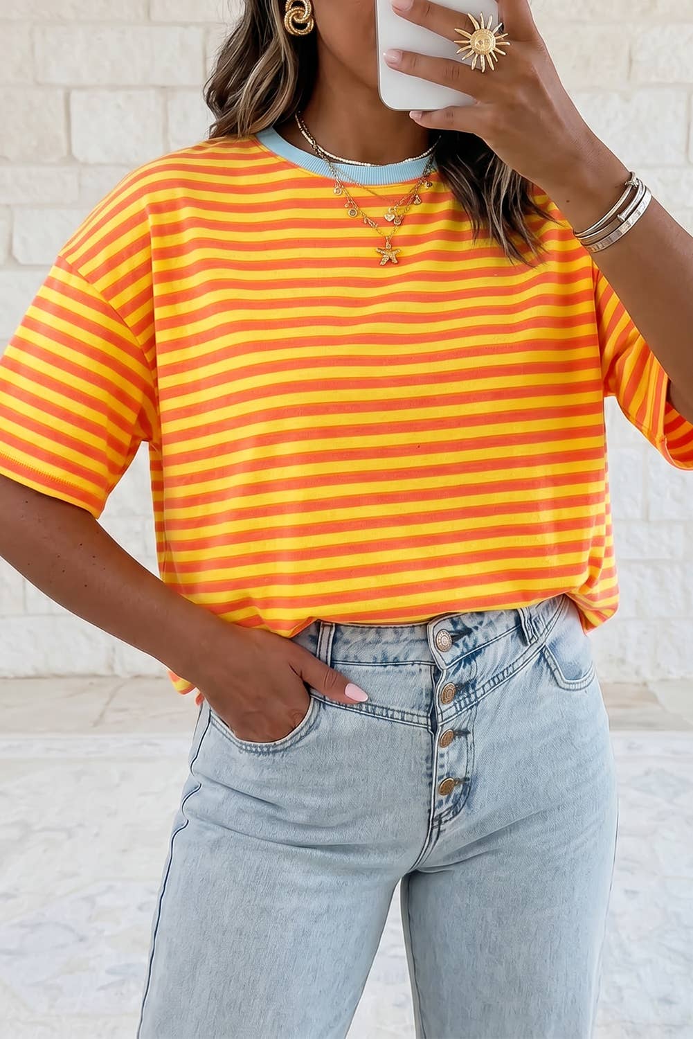 Contrast Crew Neck Drop Shoulder Loose T Shirt | S-4X: Sky Blue Stripe / Plus-2X