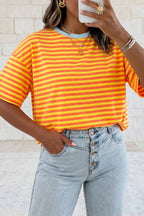 Contrast Crew Neck Drop Shoulder Loose T Shirt | S-4X: Sky Blue Stripe / L