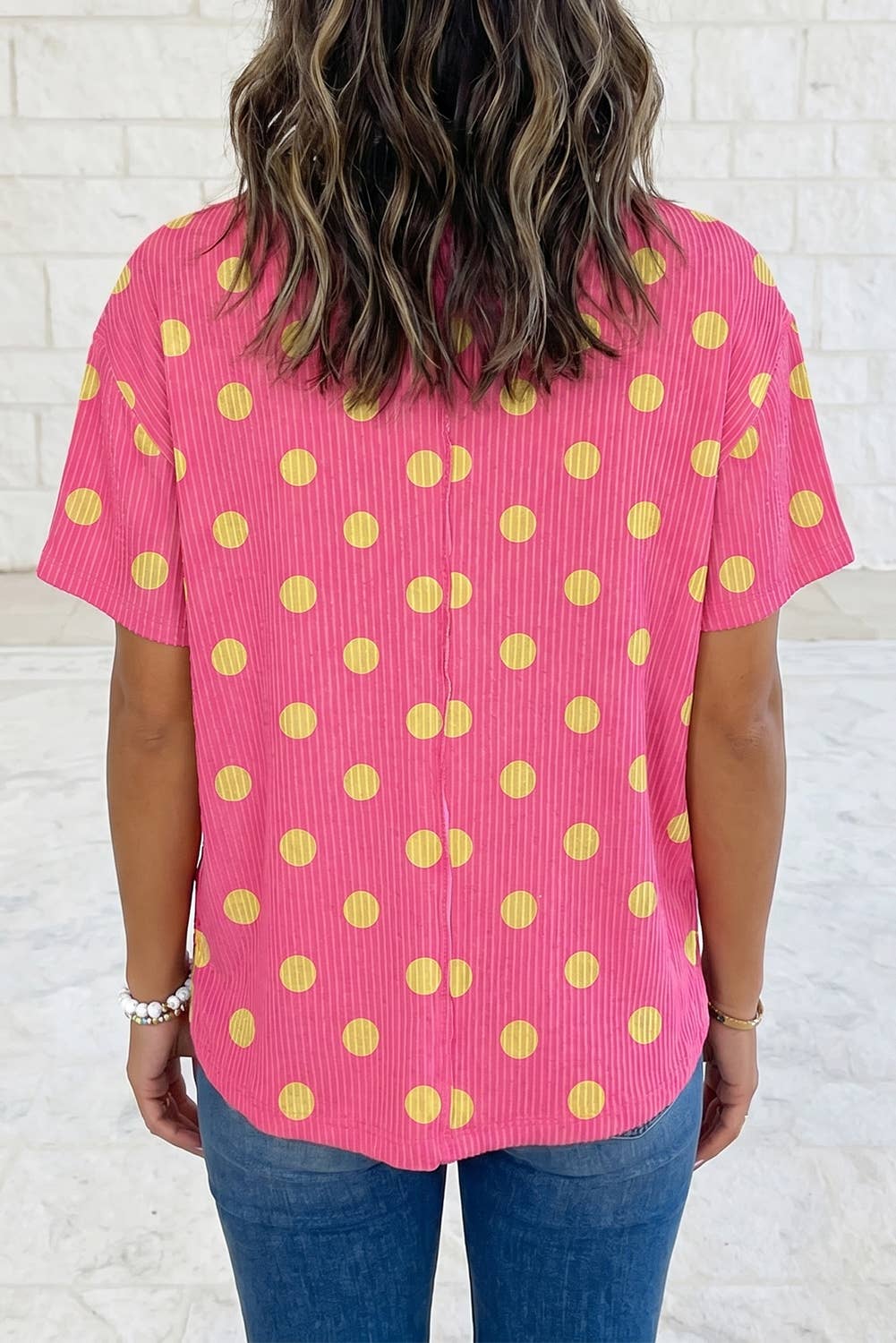 Texture Raised Rib Polka Dot Oversize Tee Shirt S-4X: Pink / Plus-2X