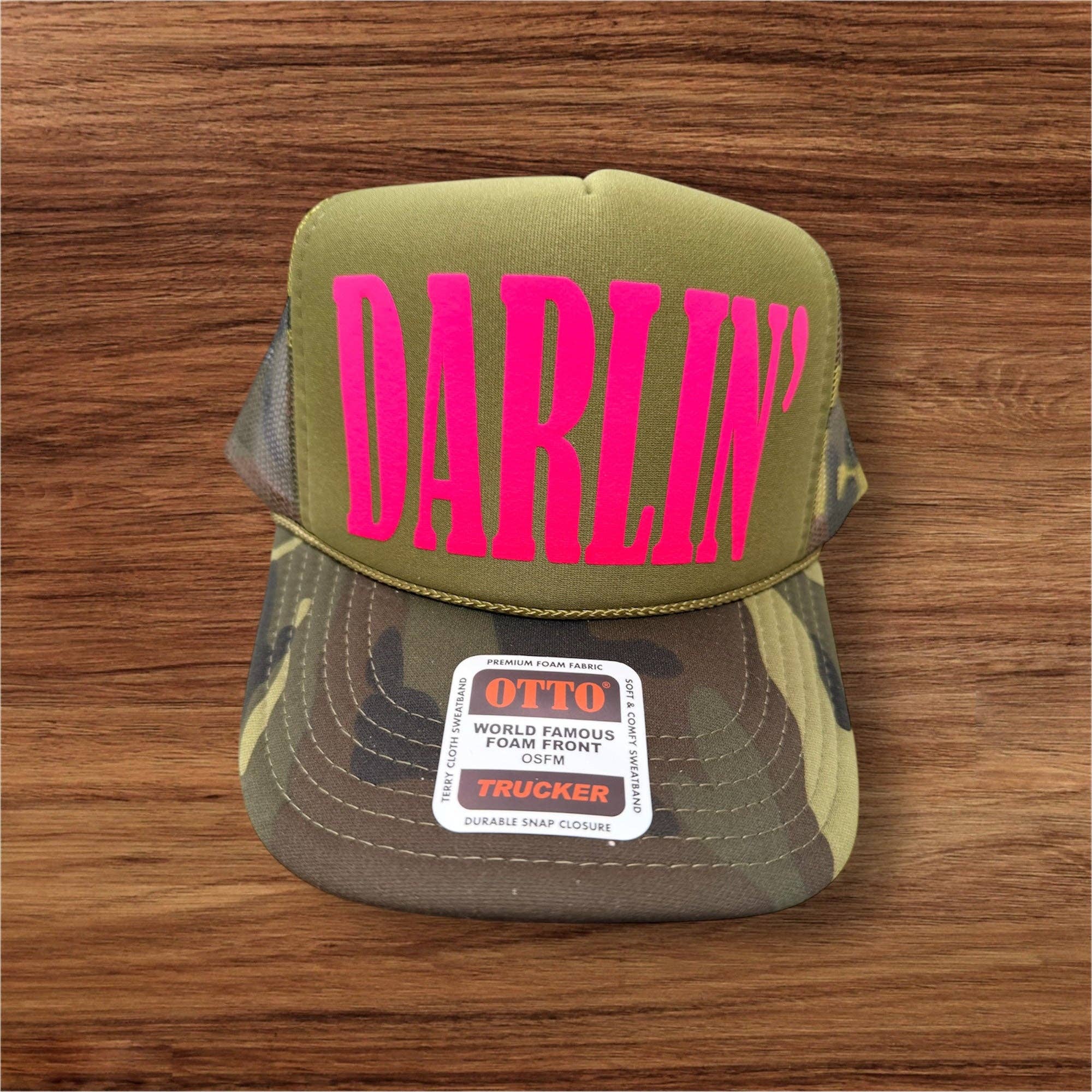 DARLIN PINK PUFF on Camo and Olive Foam Trucker Hat