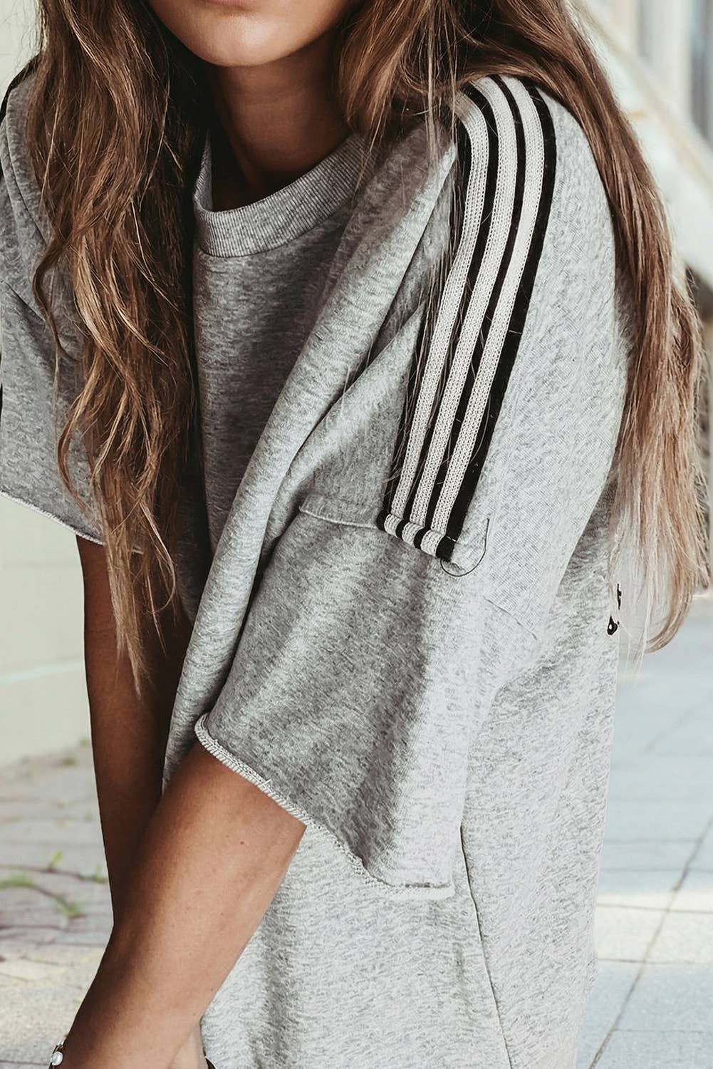Striped Patchwork Detail Raw Edge Oversize Tee: Light Grey / S