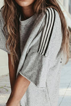 Striped Patchwork Detail Raw Edge Oversize Tee: Light Grey / M