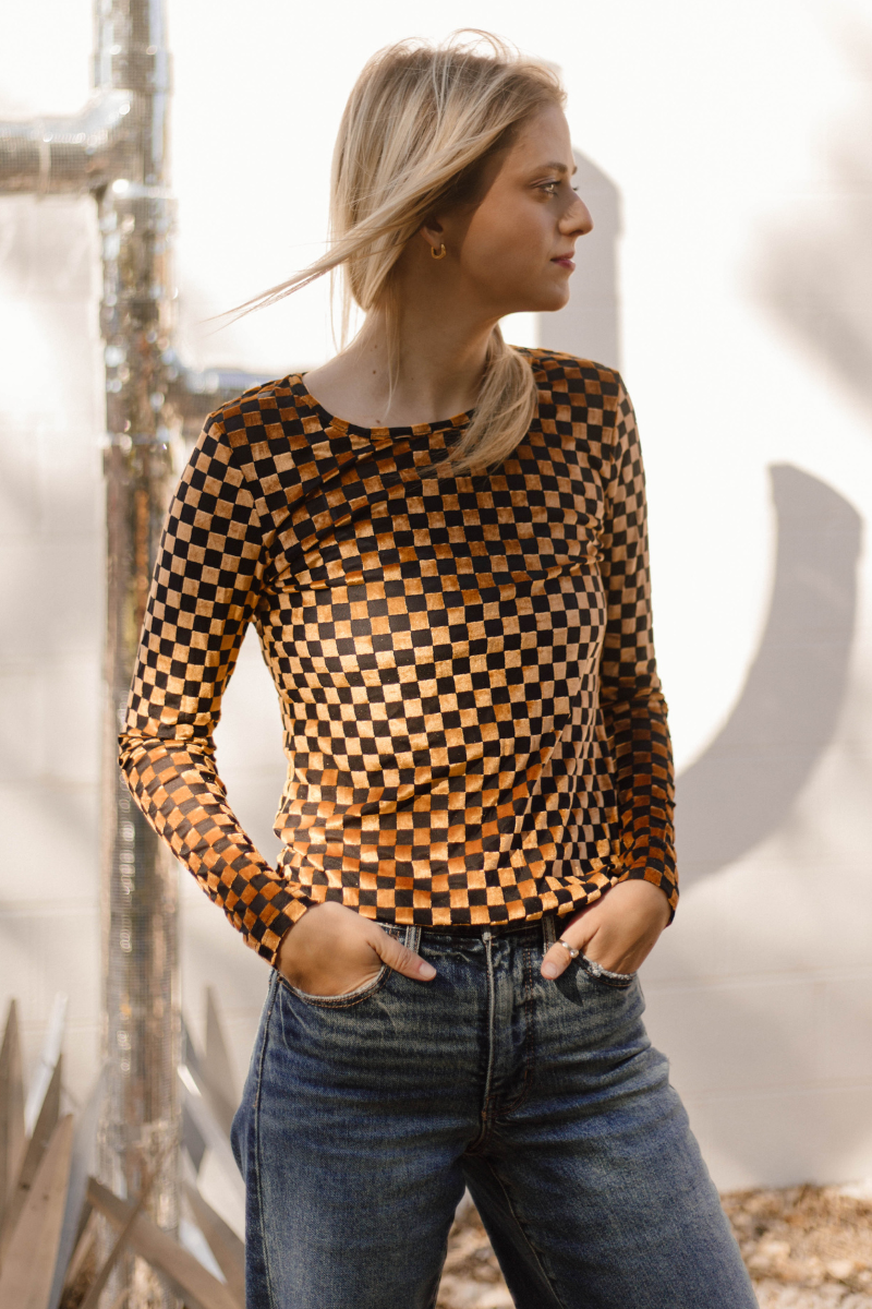 Pep Rally Velvet Mesh Gold/Black Crew Neck: L