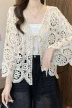 Crochet Open-Front Cardigan: BEIGE / One Size