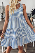 Blue Striped Sleeveless Tiered Casual Dress