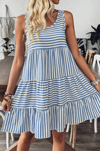 Blue Striped Sleeveless Tiered Casual Dress