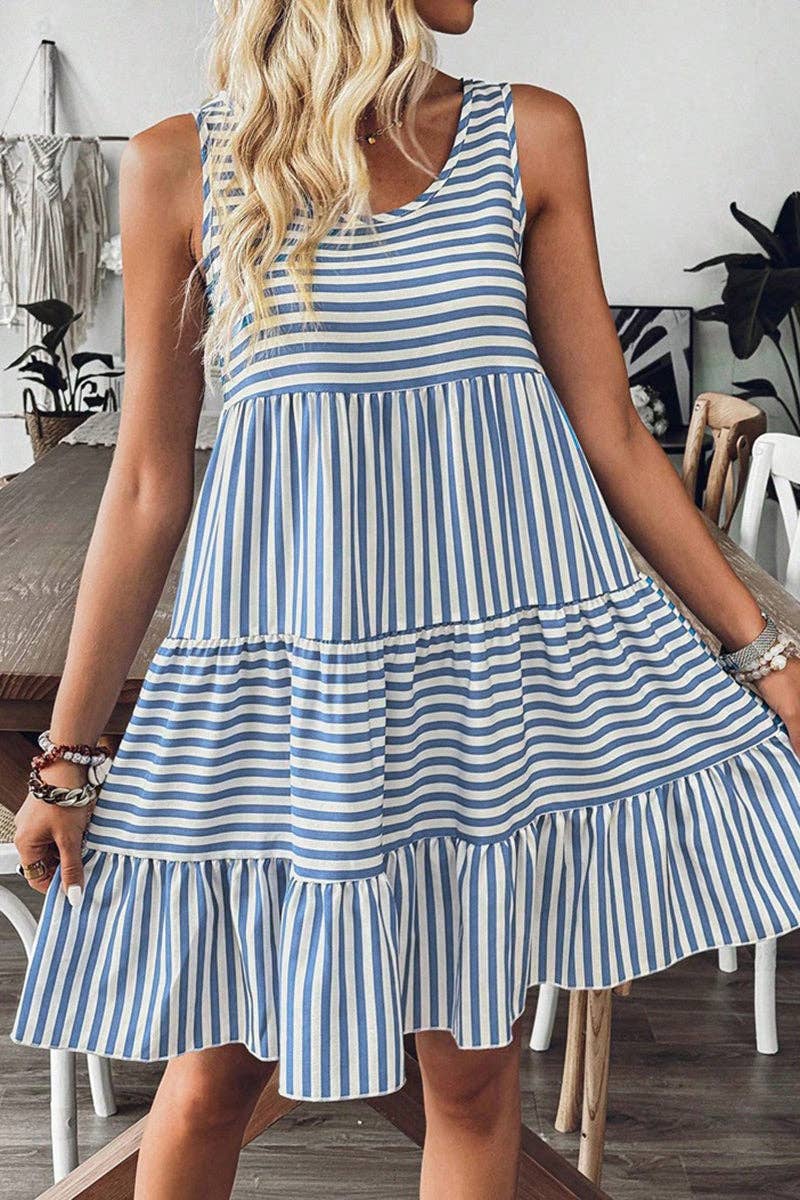 Blue Striped Sleeveless Tiered Casual Dress