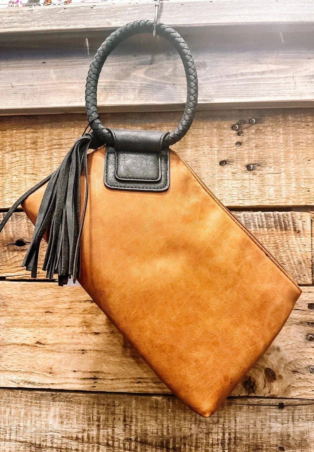BP204 Fashion Cuff Handle Tassel Wristlet Clutch: Tan