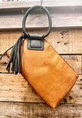 BP204 Fashion Cuff Handle Tassel Wristlet Clutch: Tan