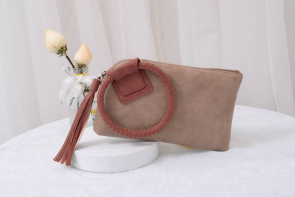 BP204 Fashion Cuff Handle Tassel Wristlet Clutch: Tan