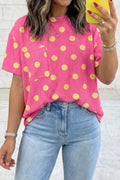 Texture Raised Rib Polka Dot Oversize Tee Shirt S-4X: Pink / Plus-2X