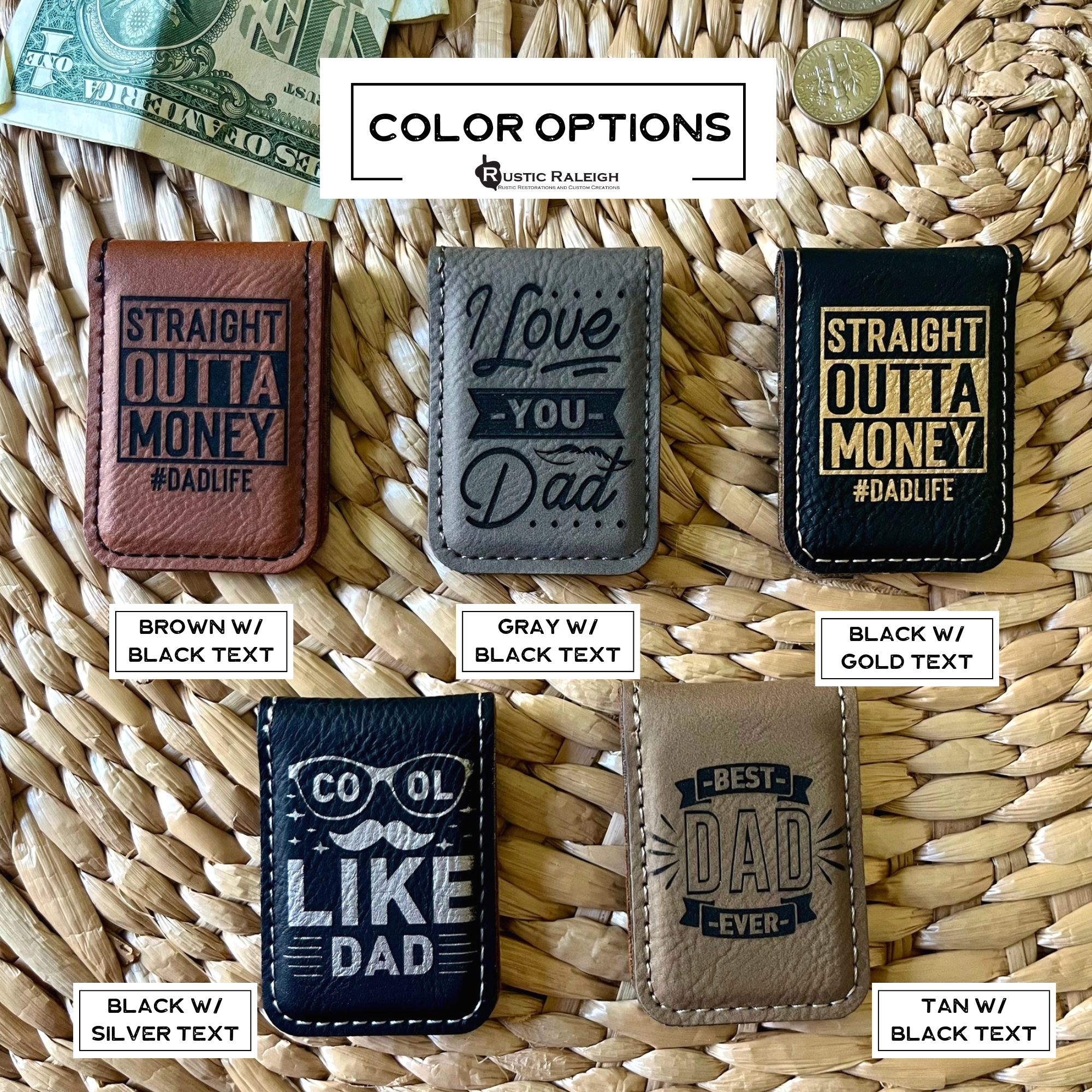 Men's Gift Father's day Gift Leatherette Money Clip: Brown w/ Black Text