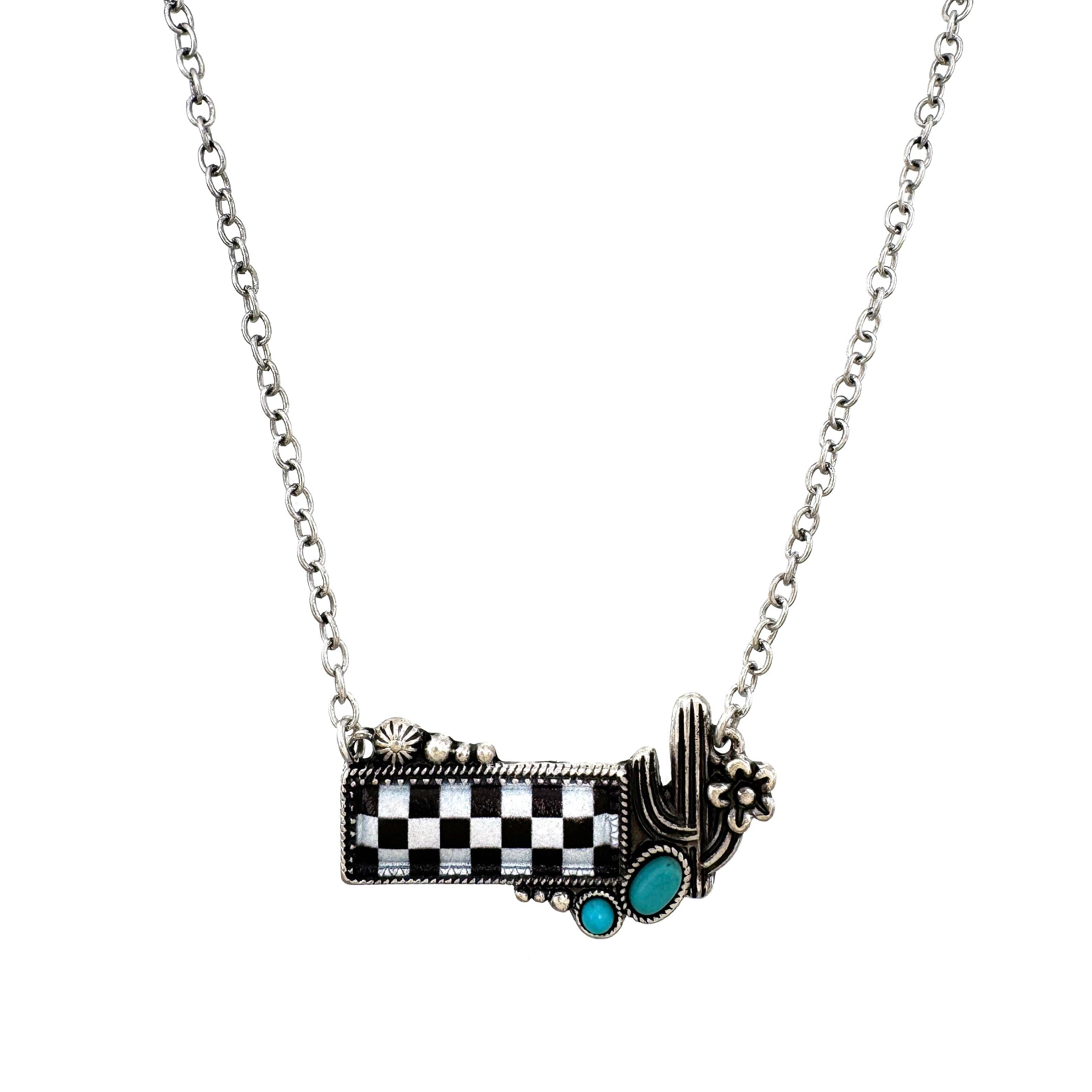 Checkered Print Western Cactus Flower Necklace: Pink