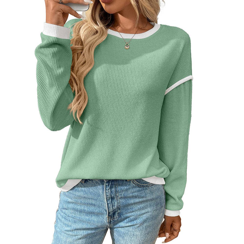 Green Colorblock Crewneck Knit Look Long Sleeve Pullover Top