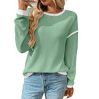 Green Colorblock Crewneck Knit Look Long Sleeve Pullover Top